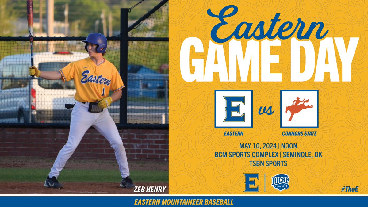 Tournament Game Day! Eastern will look to keep its title hopes alive against Connors State! #TheE  #NJCAABSB
⚾️ vs. Connors State College
⏰ Noon
🏟 BCM Sports Complex
📍 Seminole, OK
📺 tsbnsports.com/eastern-ok-sta…