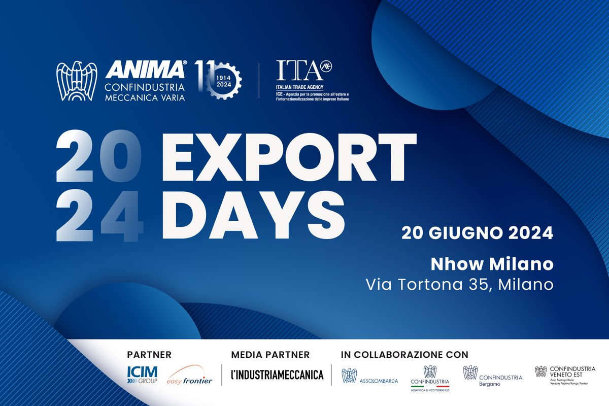 IV edizione degli Export Days: l'evento si colloca all’interno del piano di internazionalizzazione per le imprese del comparto della #meccanica. Per iscriversi: anima.it/agenda/eventi/…