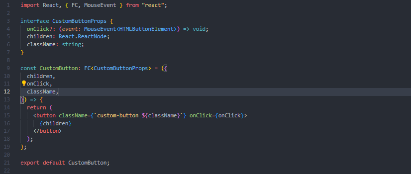 Ememikel's tweet photo. A reusable UI component in React with TypeScript that renders a button element. TypeScript interfaces is used to define the expected types of props, providing type safety. This component can be used throughout the application to create buttons with consistent styling and behavior https://t.co/j3K2hc2vN8