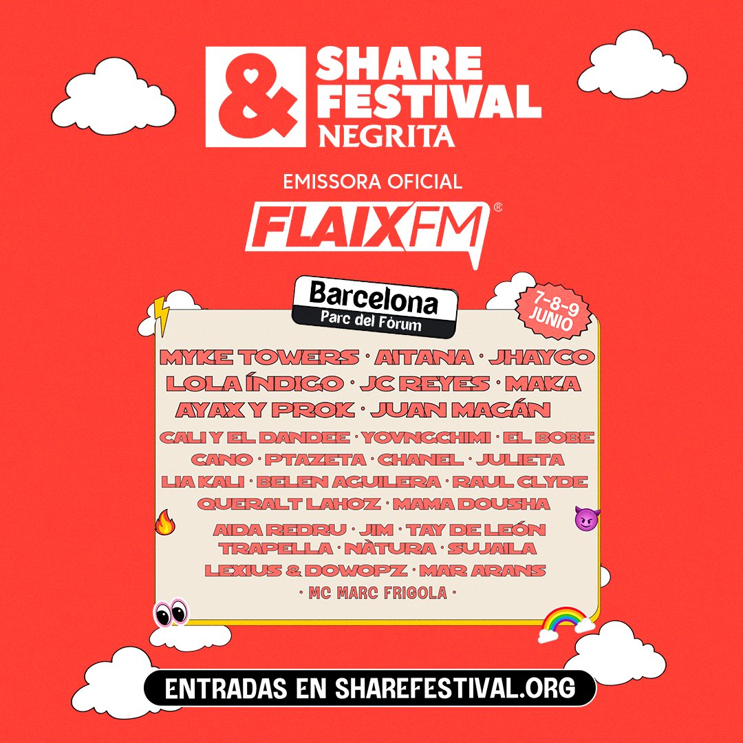 El cartell d'aquest any del @ShareFestBCN... 🥵🫰 Aquí la info d'actuacions per dia, entrades i preus 👉 flaixfm.cat/share-festival…