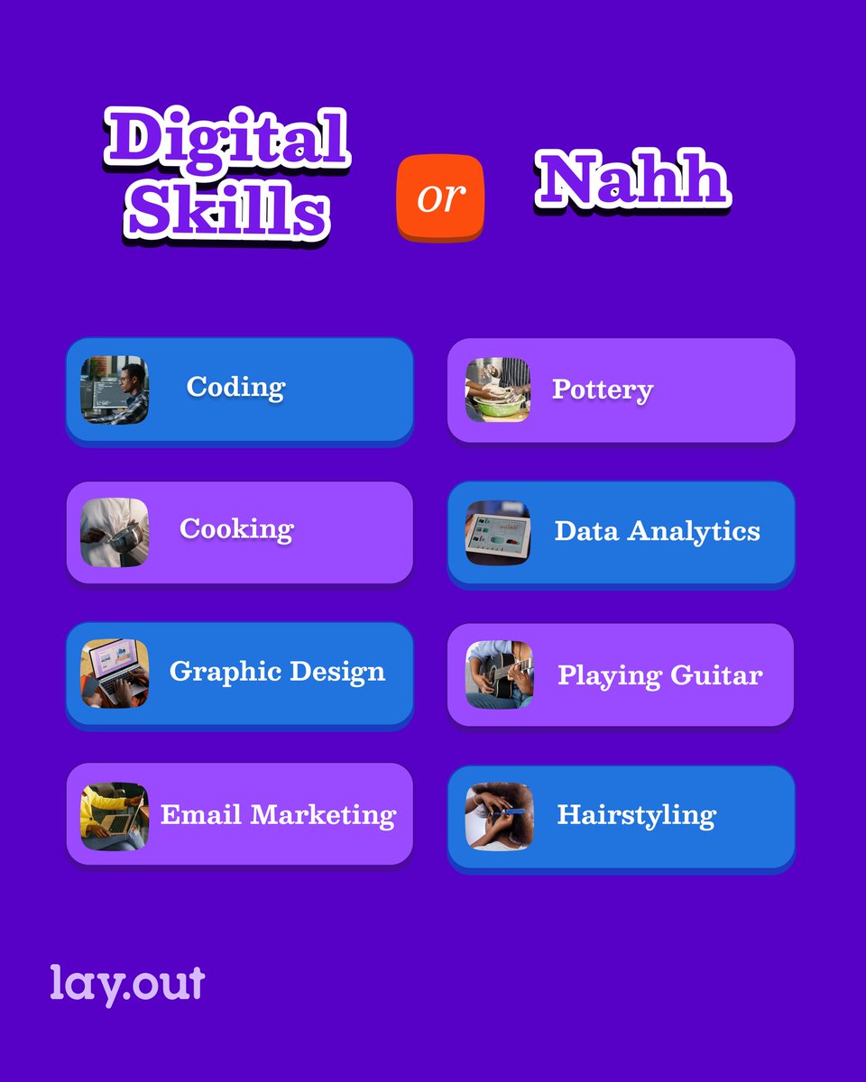 🔍 Quiz Time! Let’s test your knowledge. Can you guess if these skills are digital or not?

Join the fun and put your skills to the test!

#digitalskills #learnandearn #learnlayout #funday #quiztime #learnaskillthatpays #learningisfunwithus #learndesign #learnlayoutdesign #learn