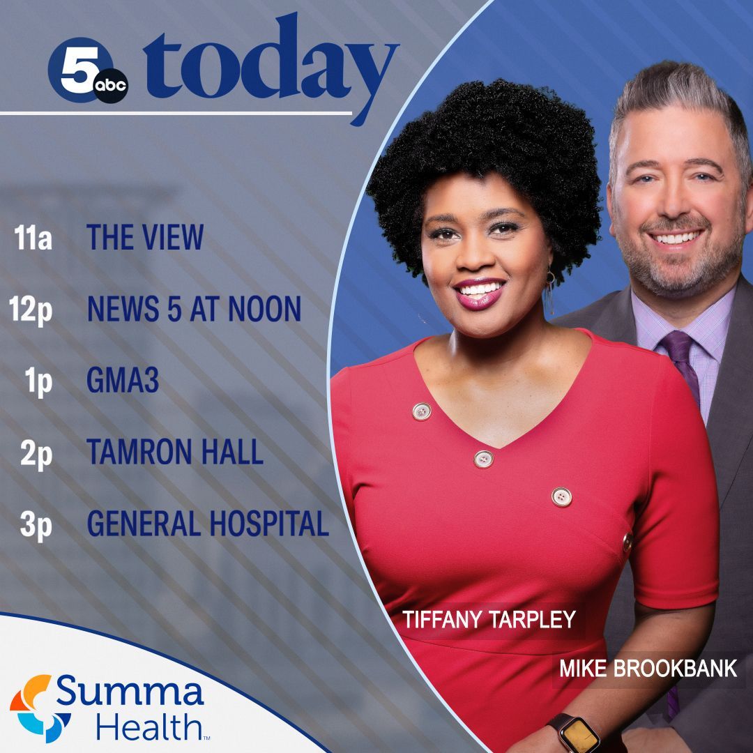 Today on News 5: It's The View @TheView at 11, followed by News 5 at Noon @WEWS, GMA3 @ABCGMA3 at 1pm, Tamron Hall @tamronhallshow at 2pm, & General Hospital @GeneralHospital at 3pm. Sponsored by Summa Health: Vital for treating over 100 types of cancer. buff.ly/40fekXX