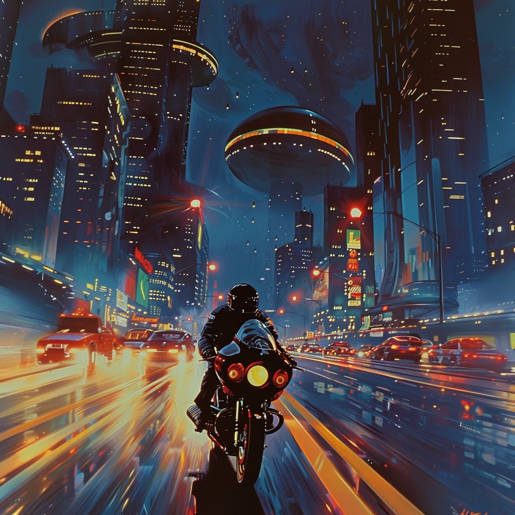 Neon Velocity⁠
⁠
#futuristiccity #motorcycleart #cityatnight #fullspeed #digitalart #nightcityscape #urbanadventure #nighttimethrills #digitalillustration #artificialintelligence #futuristicart #neonnoir #spaceage #retrowave #cyberpunk #retrostyle #nostalgic