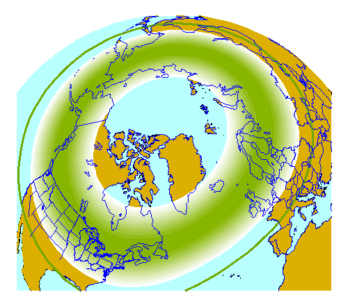 A good map from the Geophysical Institute at the University of Alaska shows where the aurora oval is most likely to be seen and how far south (green line) if all predictions DO come off. I don't think it'd be unheard of to see aurora rays to zenith in S England in strong bursts.