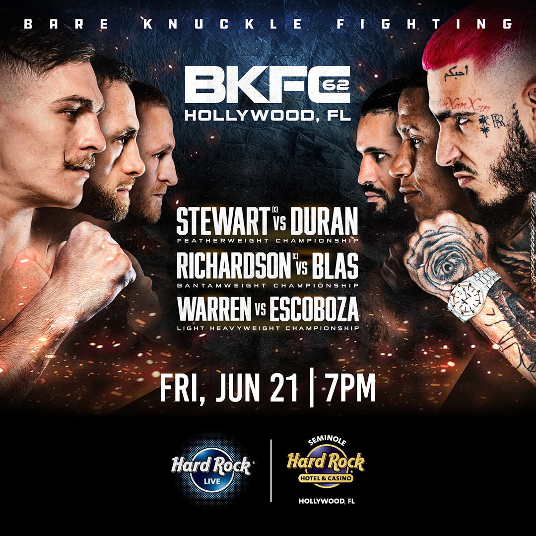 Get your tickets now for @bareknucklefc 62 at Hard Rock Live on Friday, June 21! 🎫 Tickets | bit.ly/GetTickets_BKF…