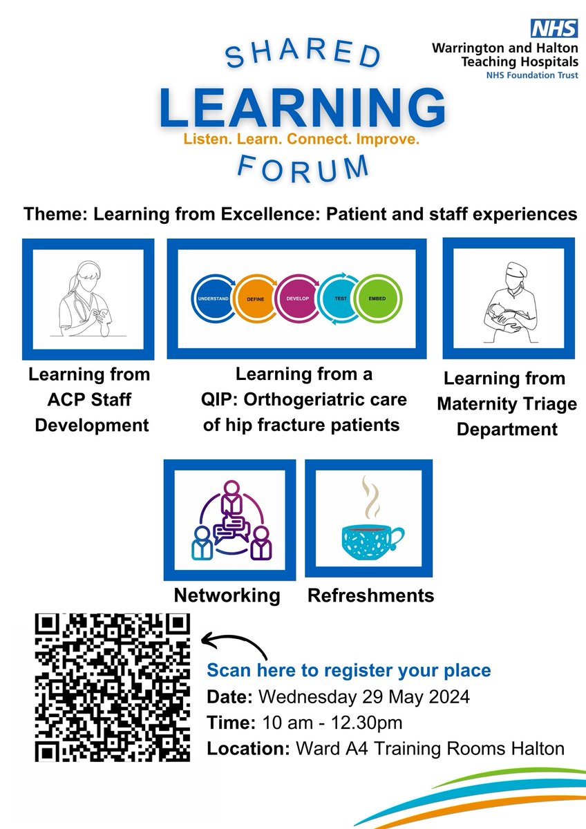 Want to learn from excellence happening in the Trust and network with colleagues? Register your place & join us at the next Shared Learning Forum, 29 May, 10am - 12.30pm, Ward A4 Training Rooms, Halton Hospital. bit.ly/3xWtatL