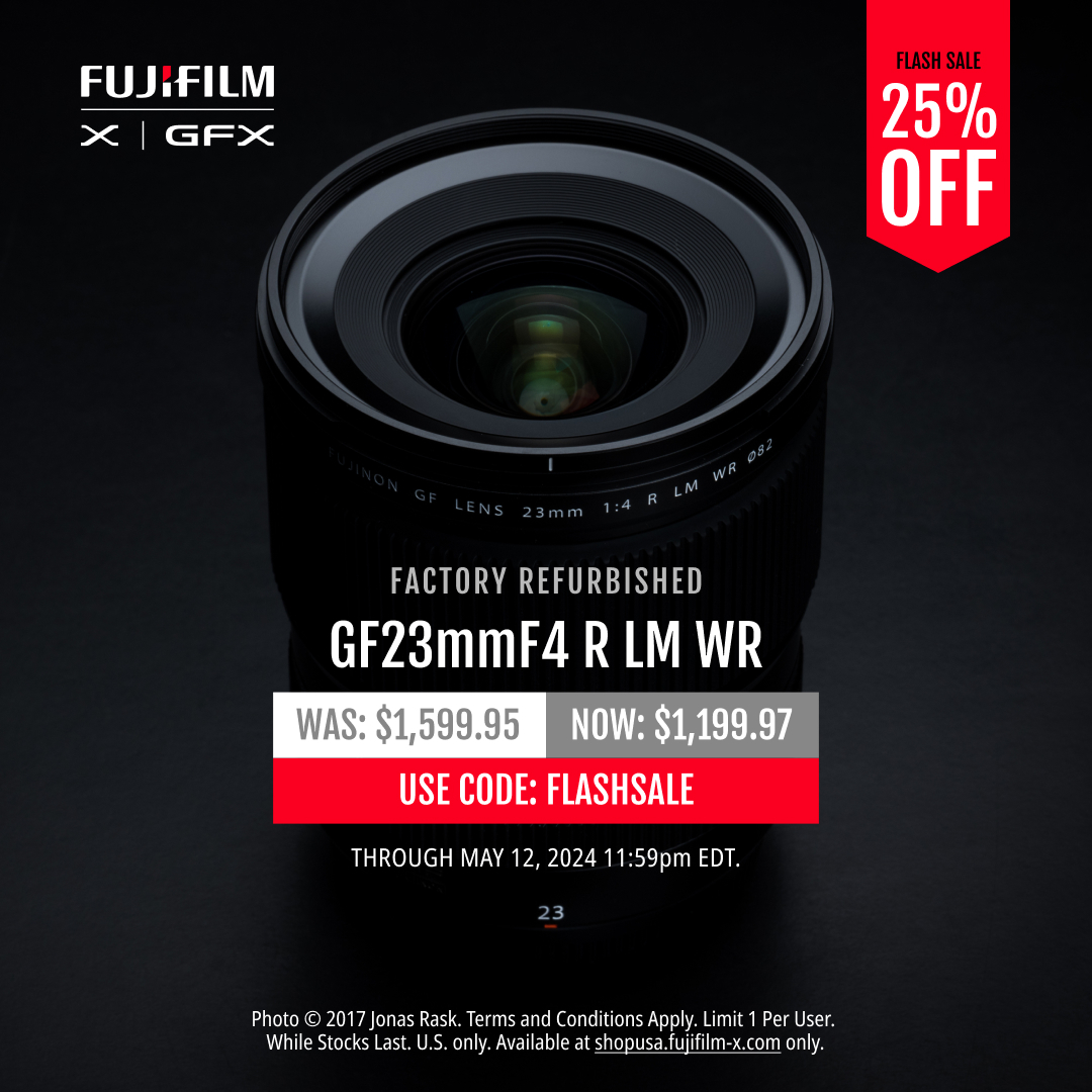 This weekend only, save 25% on Factory Refurbished XF56mmF1.2 R and GF23mmF4 R LM WR, while supplies last. Use discount code FLASHSALE at checkout. Shop Here: bit.ly/3QCS7R6