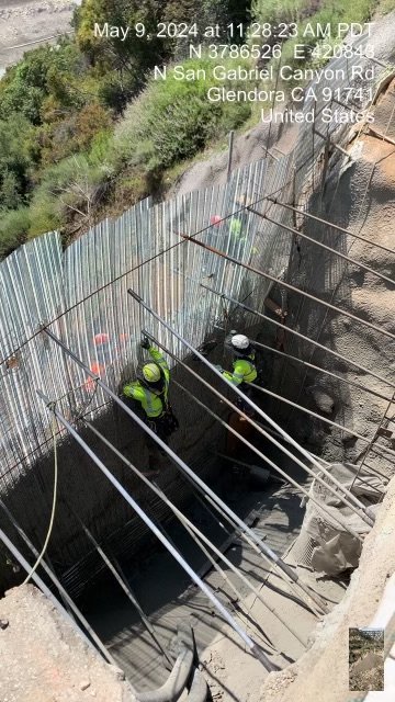 *State Route 39- Angeles National Forest* SR-39 (San Gabriel Canyon Road) is under one-lane alternating traffic control at postmile 23.5 Monday-Friday from 7 a.m. to 5 p.m. to rebuild damaged slope & roadway. Photos: Installing framework before concrete pour for slope support.