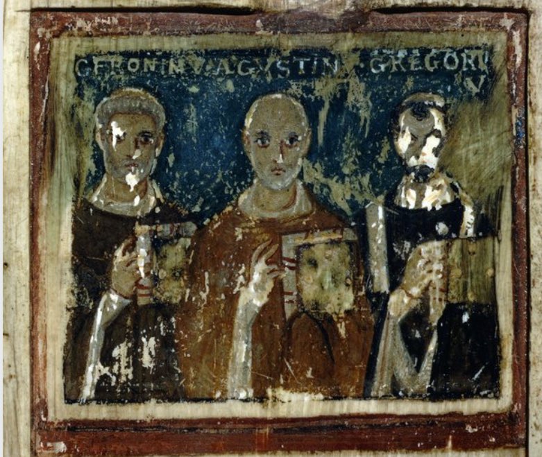 Attached is one of the earliest pieces of sacred art depicting Saint Augustine, here flanked by Jerome and Pope Gregory the Great.
Three of the four Latin Doctors of the Church.
The miniature dates to the 7th century in Brescia, Italy.