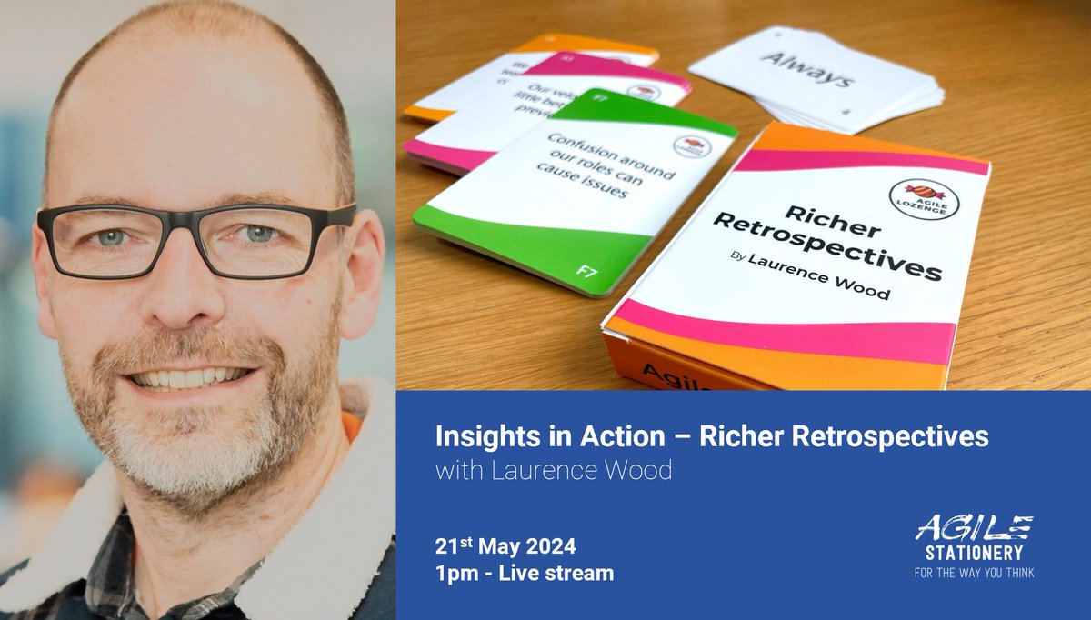 agilestationery's tweet photo. Join on Tuesday 21st May for a lunchtime chat at 1pm with #LaurenceWood @AgileLozenge on LinkedIn live as we discuss how to refresh your retrospectives #projects #agile #retrospectives #SoftwareDevelopment #SoftwareEngineer https://t.co/jsWeOy5Y4K https://t.co/06LK04HaoL
