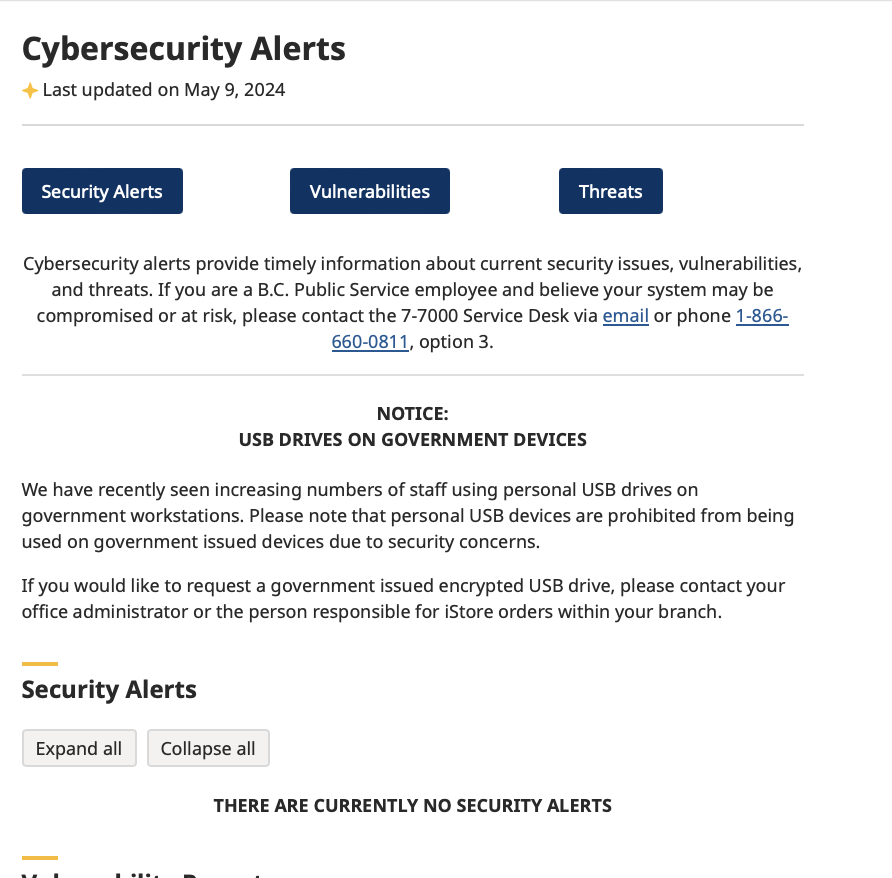 May 8, Premier Eby revealed '...sophisticated cybersecurity incidents involving government networks.' May 9, #BCGov IT security office: 'There are currently no security alerts.' #bcpoli #tech #security #privacy