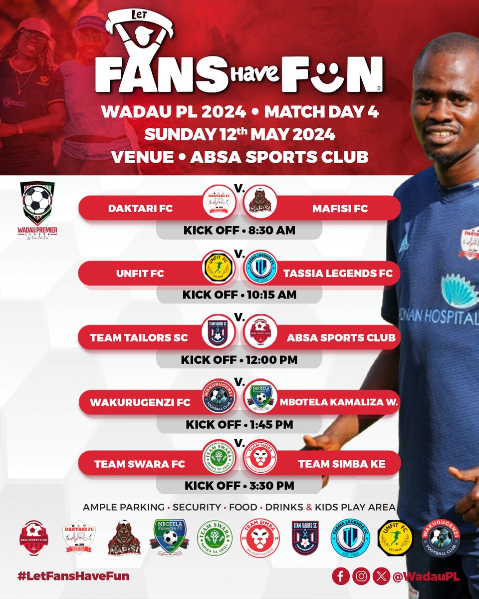 WadauPL's tweet photo. It's Friday Wadau, which means we have two days (2) to Wadau PL Match Day 4 🤩🍿

Comment which fixture this coming Sunday 12th May, will you be looking forward to watching live at the ABSA Sports Club!?

#MentalHealthAwareness 
#ByFansForFun 
#LetFansHaveFun https://t.co/NQ0MREsT4Z