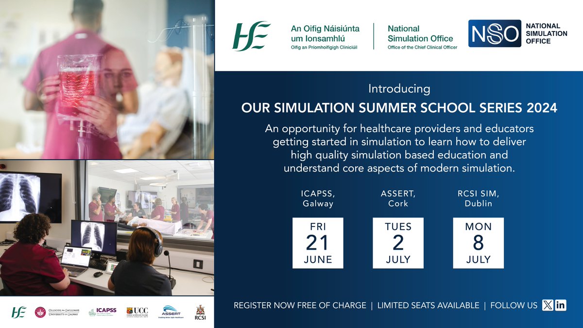 📆 Registration Now Open for #firstever Simulation Summer School 📆
📌 Galway eventbrite.ie/e/nso-simulati…
📌 Cork eventbrite.ie/e/nso-simulati…
📌 Dublin eventbrite.ie/e/nso-simulati…
In collaboration with the sim facilities in Galway
<a href="/GalwayICAPSS/">ICAPSS</a>, Cork <a href="/UCCASSERT/">ASSERT Centre, UCC.</a> &amp; Dublin <a href="/RCSI_SIM/">RCSI SIM</a>!