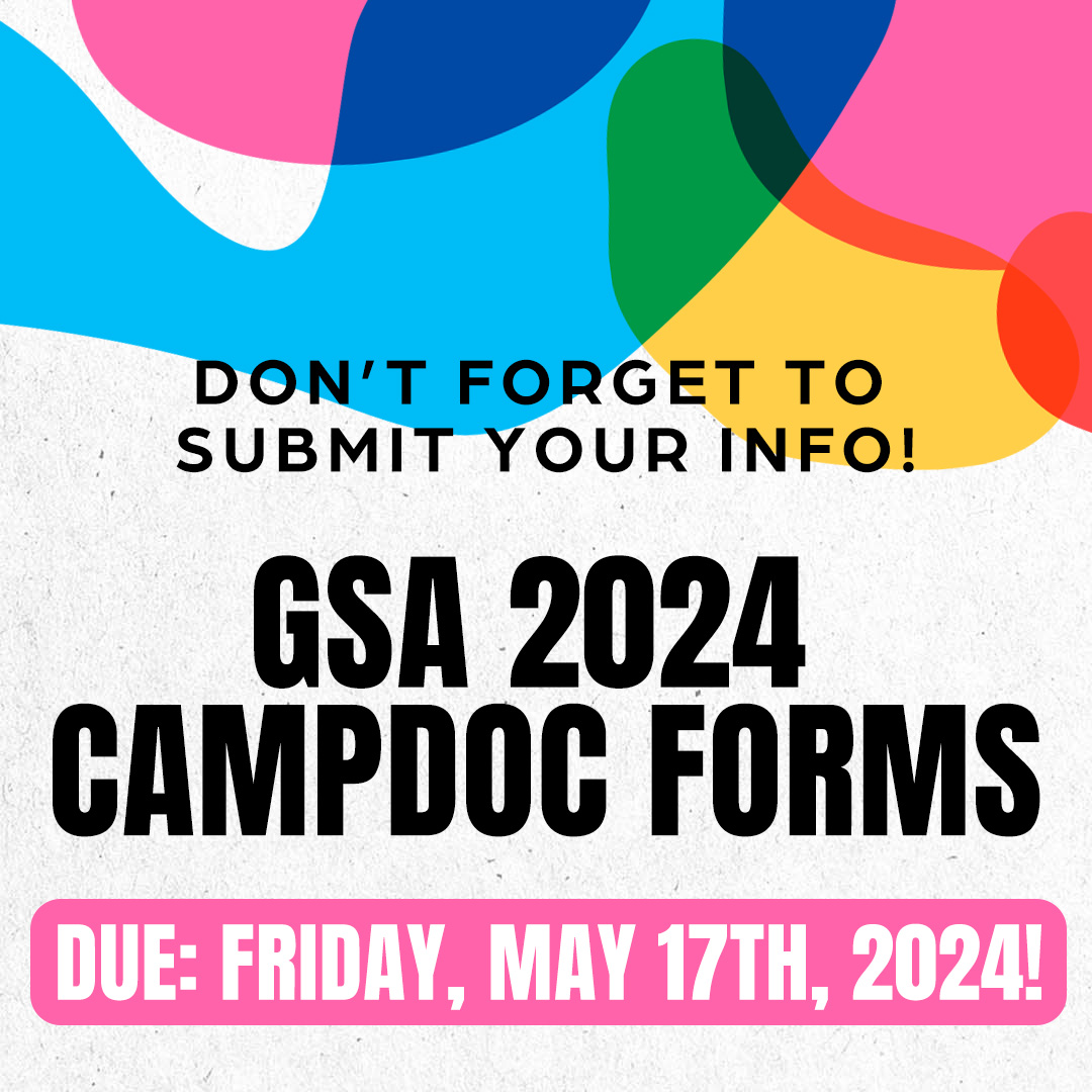 Hey GSA 2024!

Don't forget to submit your CampDoc forms! They are due back to GSA by next Friday, May 17th.

We cannot believe that we are just about a month away from Opening Day of GSA 2024 Session One! We look forward to seeing each of you very soon!

#KentuckyGSA #GSA2024