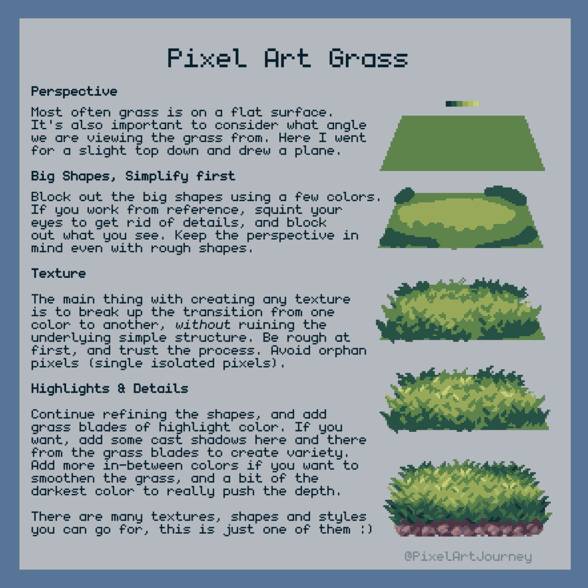 PixelArtJourney's tweet image. This week on Discord we are practicing #pixelart Grass for the weekly challenge. Come and join us and use my tutorial if you want :) discord.gg/n5TDnqfR5P
