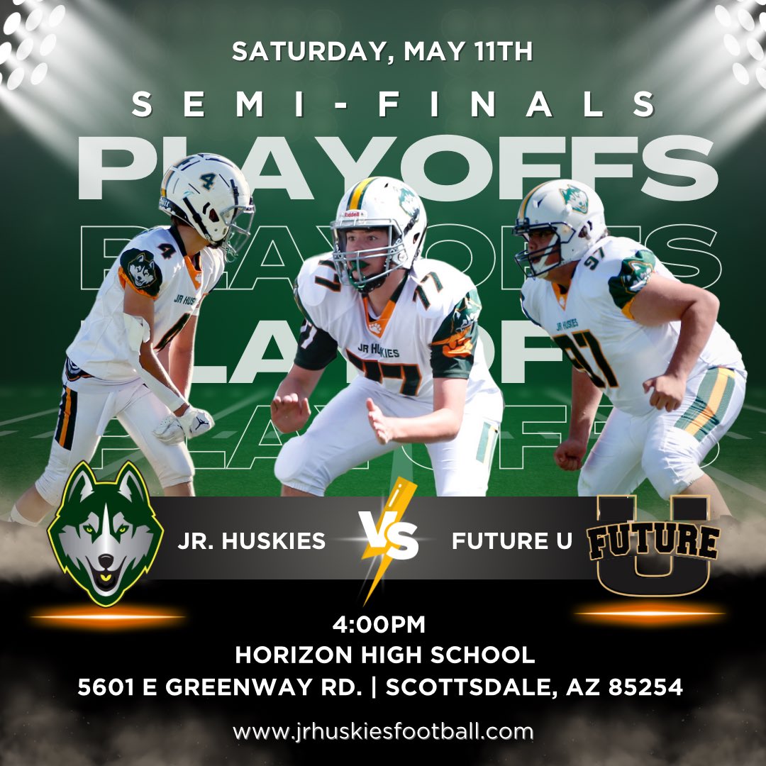 Talent on both sides of the field go head to head this Saturday at 4:00 for a spot in the finals. @FutureUFootball #gohuskies #youthsports #youthfootball #letsgo