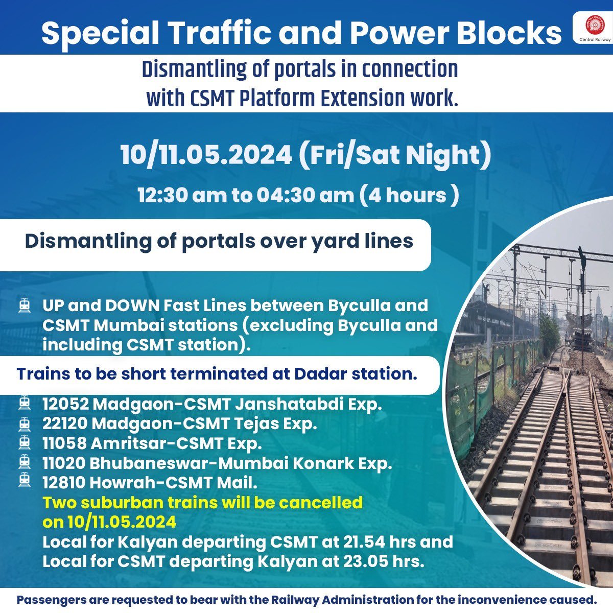 drmmumbaicr's tweet image. Traffic and Power Blocks for Dismantling of Portals on 10/11.05.2024 (Friday/Saturday Night). The inconvenience caused is highly regretted, and passengers are requested to bear with the Railways. #CentralRailway #Powerblock #Trafficblock