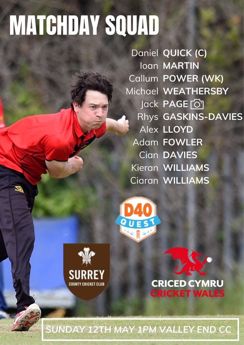 Here is your Cymru side travelling to Surrey this weekend 👇🏻 Pob Lwc Pawb! 💪🏻🏴󠁧󠁢󠁷󠁬󠁳󠁿 A Debut for Ciaran Williams of @CreigiauCC 🤩 🆚 @surreycricketfd 🗓 Sunday 12th May 🏏 D40 Quest 📍 Valley End CC ⏰ 1pm 🏏🏴󠁧󠁢󠁷󠁬󠁳󠁿🐉🔴🔵 | #WeAreWelshCricket
