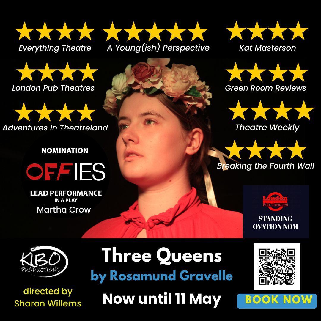 Only 2 more nights to catch Three Queens, the 5⭐ , multi-award nominated debut play by Rosamund Gravelle. Tickets are limited - only 9 remaining for tonight's performance! Book fast and don't miss this fantastic production! 🎟️ buff.ly/3VyRfQY @uk_martha dir @lenyaz