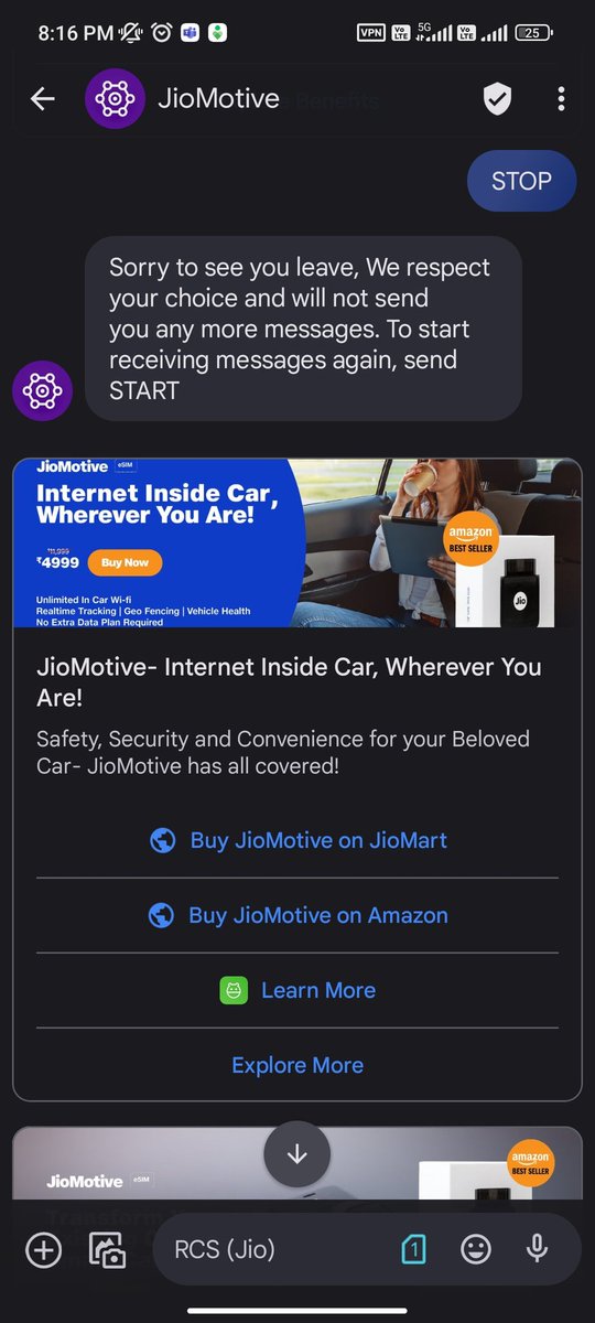 SecPrashant's tweet photo. @JioCare Help me unsubscribe from this jio message @TRAI @MIB_India https://t.co/scdWBVOnMk