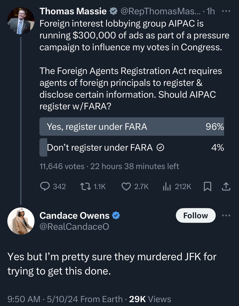 Candace Owens has a new theory of the JFK assassination: AIPAC did it, to stop from being forced to register under FARA.