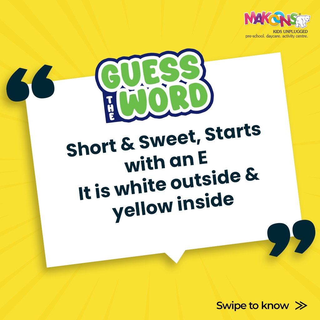 makoonsschool's tweet image. Can you guess this word? Here&apos;s a hint: It makes your breakfast yummier &amp;amp; your cakes flufflier. Can you identify all the letters in the spelling?#LearnWithMakoons #LogicalLearning #GuessTheWord #EggcellentRiddle
