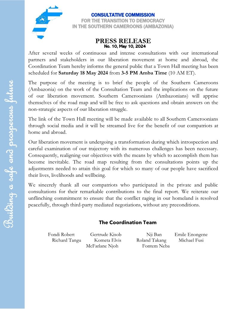 The SCA Consultative Commission is calling all Patriots and supporters of the #SouthernCameroonsAmbazonia liberation struggle to a #GlobalTownHall on May 18, 2024 from 3-5 pm Amba time, 10 a.m EST.  Please share far and wide <a href="/scbc_tv/">SCBC TV</a> <a href="/Canadiansforpe1/">CanadiansforpeaceinCameroon</a> <a href="/TeamAmbazonia/">Ambazonia Coalition Team - ACT</a>