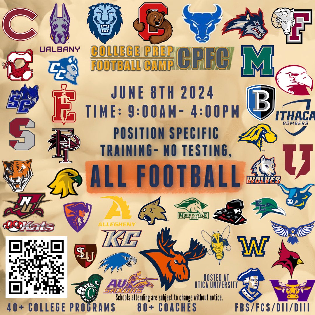 Less than a month away.

Save your Spot❗️Save the Date❗️

Colleges attending so far…👀

Come Compete at one of the Most Elite Camps in the Northeast. 

🔗: collegeprepfootballcamp.com

#FearTheMoose #Uncommon