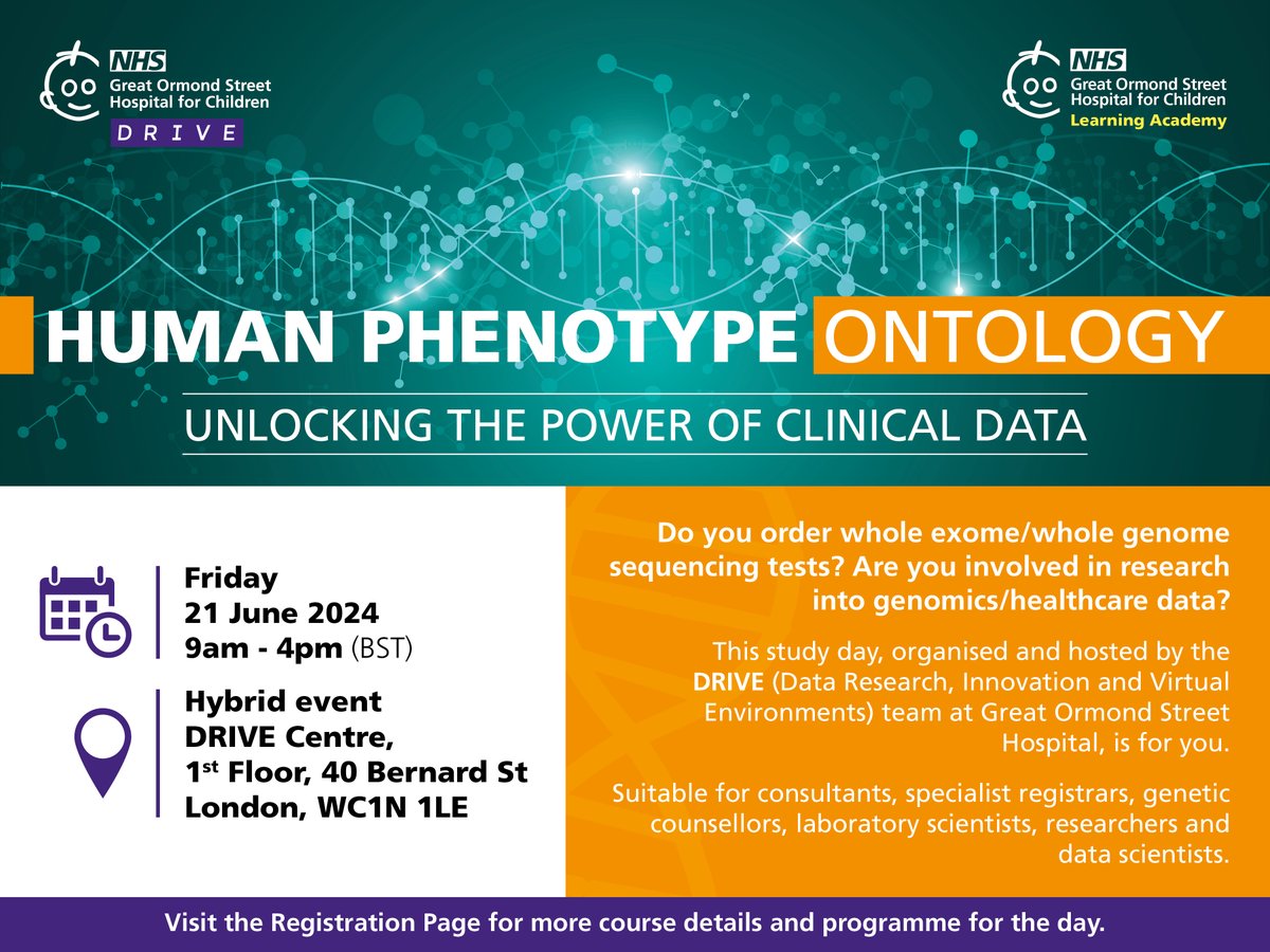 Do you order whole exome/whole genome sequencing tests? Are you involved in research into genomics/healthcare data? Then sign up for a free hybrid study day on 21 June! Book now: courses.gosh.org/event/HPO #NHS #Ontology #GenomeSequencing #ClinicalData #Education #Innovation #data