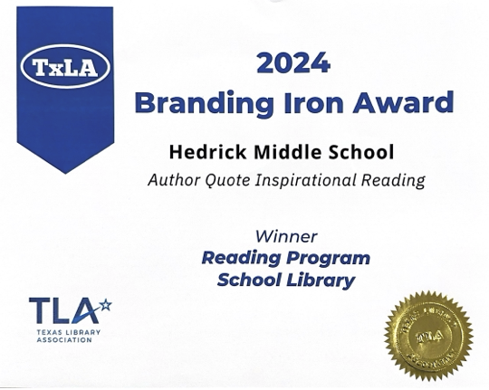 I am excited to share that my Bookmark project was awarded the @TXLA Branding Iron Award for Reading Programs. I could NOT have done this without 6 amazing authors! Thank you so much for your inspiring quotes! #schoollibrarian #books @jasminnemendez Rebecca Balcarcel