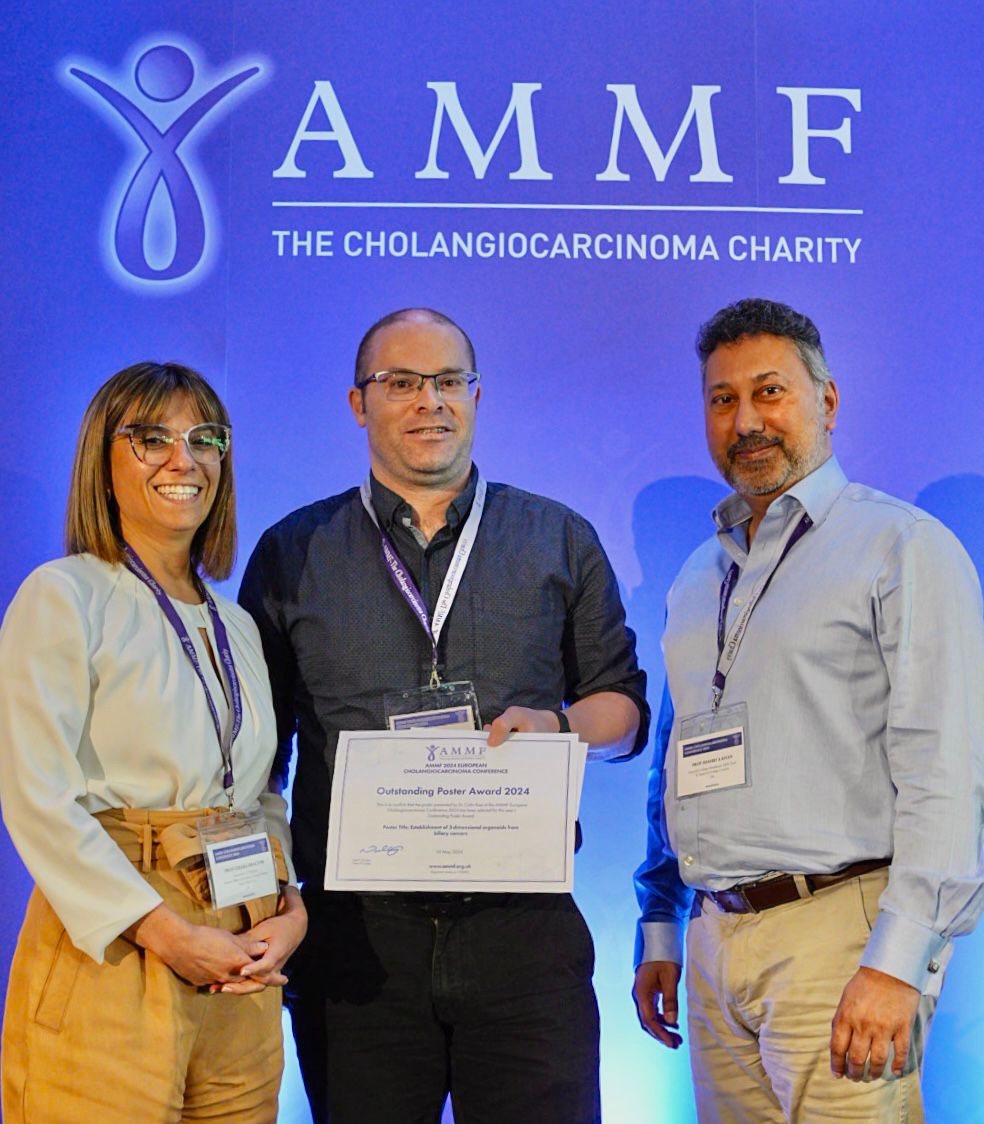 AMMF would like to congratulate Dr. Colin Rae from @UofGlasgow who was awarded best poster for: ‘Establishment of 3-dimensional organoids from biliary cancers’. Thanks to all of our wonderful delegates who shared their research at AMMF’s European CCA Conference #AMMF2024
