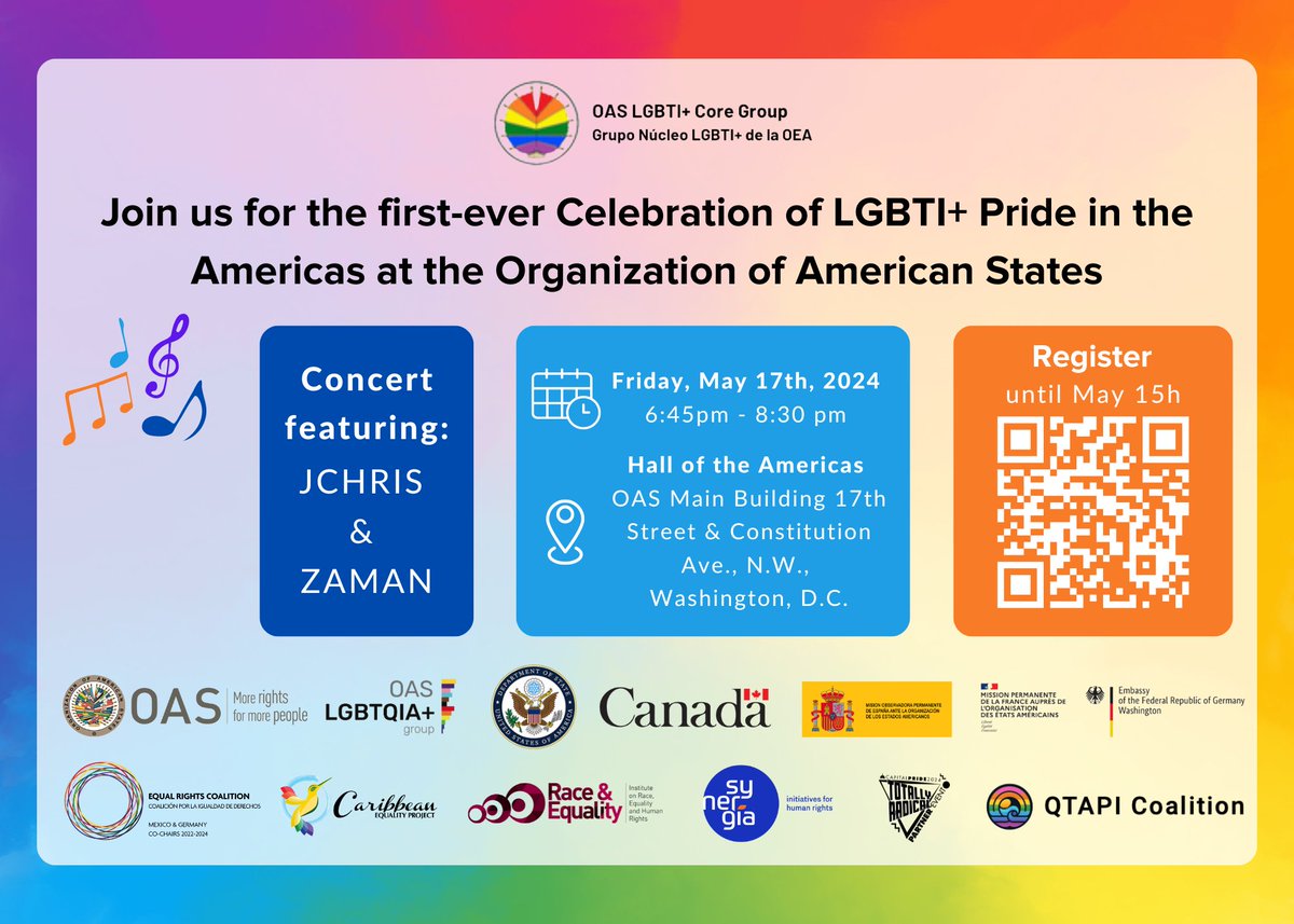 Join us for the first-ever Celebration of LGBTI+ Pride 🏳️‍🌈 in the Americas at the @OAS_official 🗓️Next Friday May 17th 🕓6:45pm 📍Washington DC Register here to attend in person⬇️ forms.office.com/r/rMWFyjvy1z An initiative led by the #OAS LGBTI+ Core Group @USAmbOAS