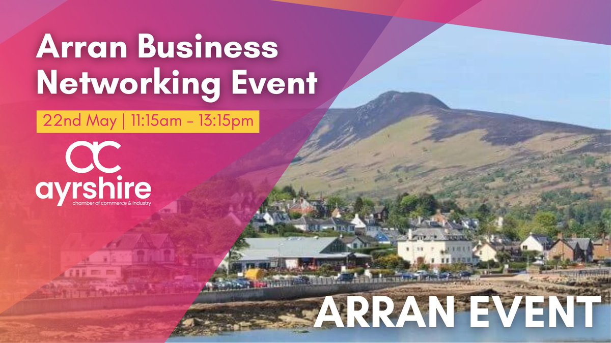 🏝 ARRAN BUSINESS NETWORKING EVENT! 🏝 Are you a business based on the Isle of Arran? Arran businesses are invited to come along and join us at our exclusive networking event at @auchrannie on Wed 22nd May! Network with mainland businesses! Book online ayrshire-chamber.org/event/1383/arr…