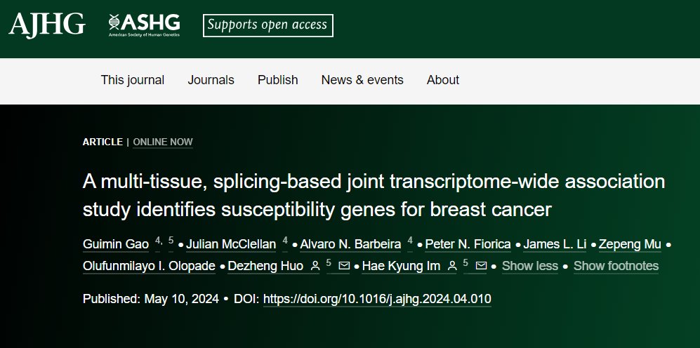 📢New from @hakyim @EpibioHuo & colleagues 📰A multi-tissue, splicing-based joint transcriptome-wide association study identifies susceptibility genes for #breastcancer 👉bit.ly/3QALG1e