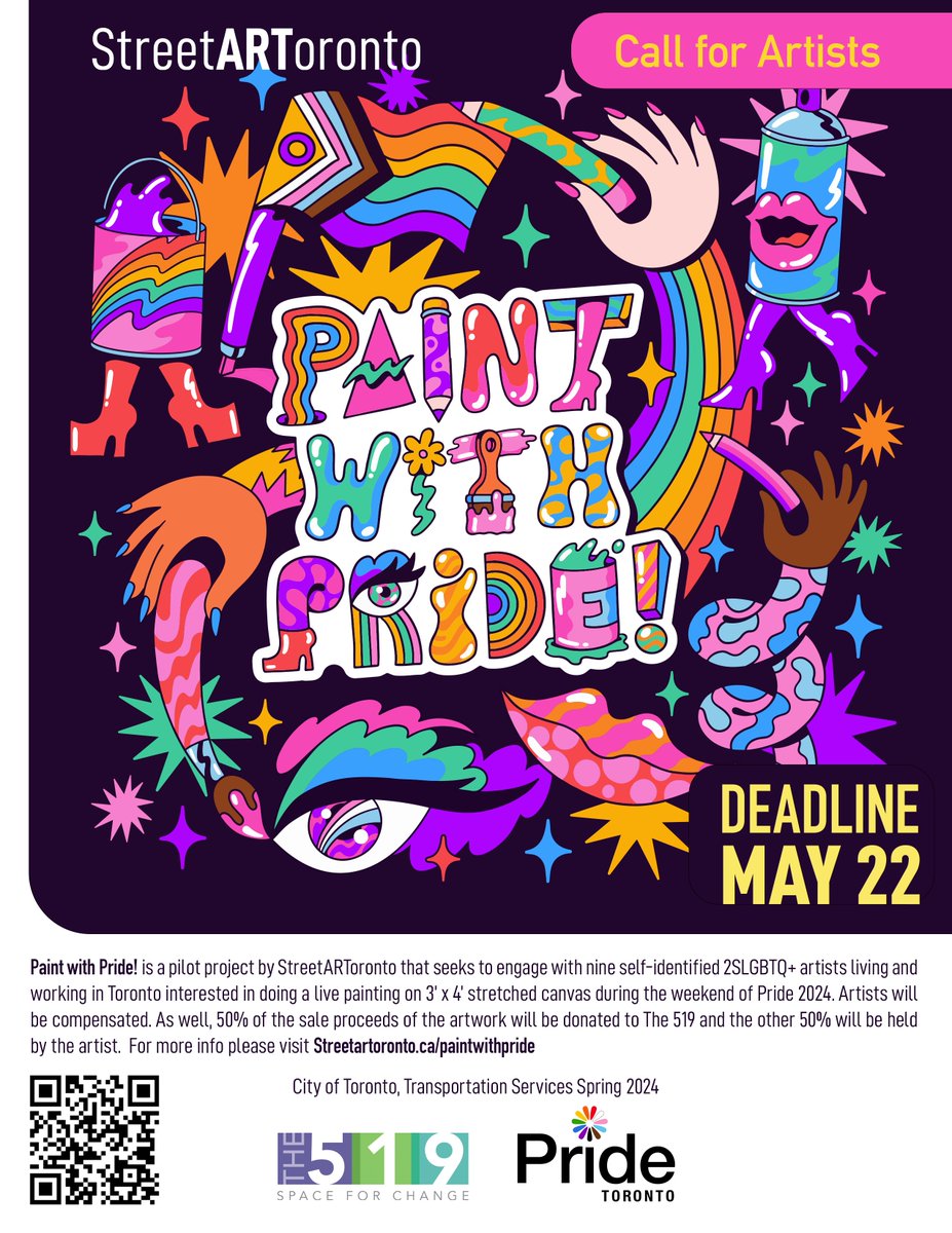 Call for 2SLGBTQ+ Artists! Paint with Pride!, seeks to engage with 2SLGBTQ+ artists to do live painting during the weekend of #Pride2024! Click the link to learn more & apply! streetartoronto.ca/paintwithpride Artwork: @timpsingleton ) #PaintWithPride #PrideToronto2024 #BePrideToronto