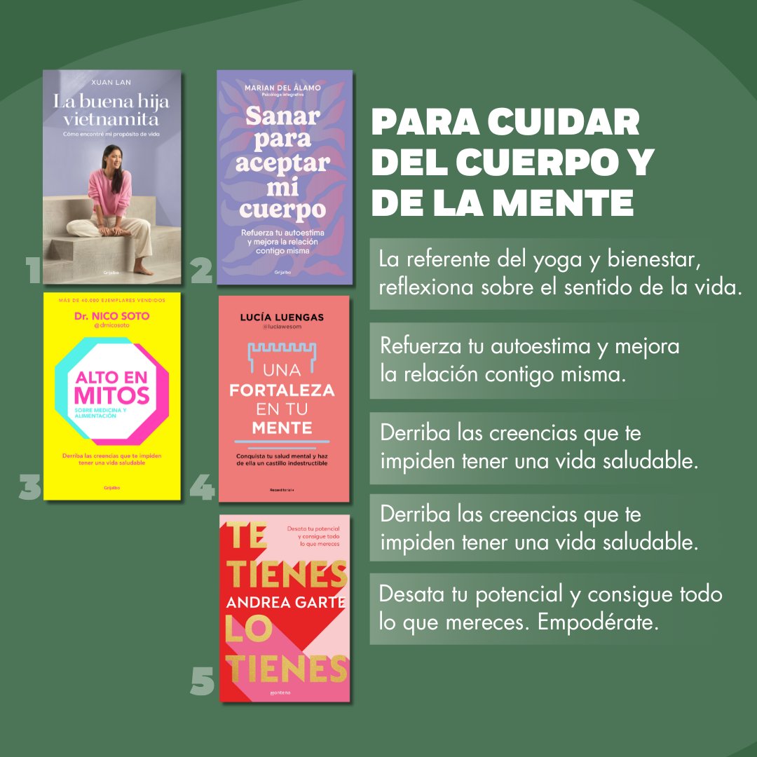 #NovedadesPenguin

➡️ «La buena hija vietnamita» de @xuanlanyoga
➡️ «Sanar para aceptar mi cuerpo» de @Marian_Alamo
➡️ «Alto en mitos» de @drnicosoto
➡️ «Una fortaleza en tu mente» de Lucía Luengas
➡️ «Te tienes, lo tienes» de  @AndreaGarte

En penguinlibros.com 🐧📚