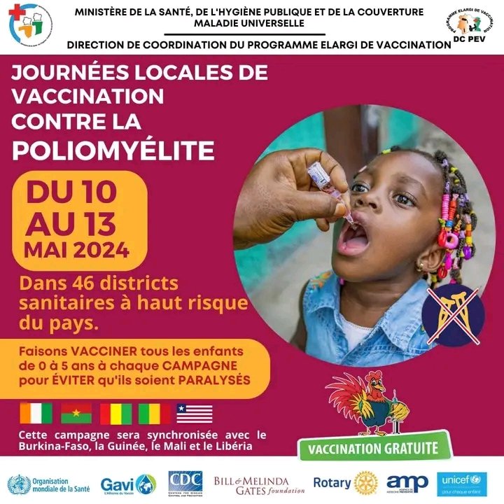 #Polio / Débutée ce vendredi 10 mai, la campagne de vaccination contre la #poliomyélite prendra fin le lundi 13 mai 2024. ✅️Cibles: Les enfants âgés de 0 à 5ans. ✅️ Période: du 10 au 13 Mai 2024. ✅️Zones concernées: dans 46 Districts Sanitaires à haut risque .