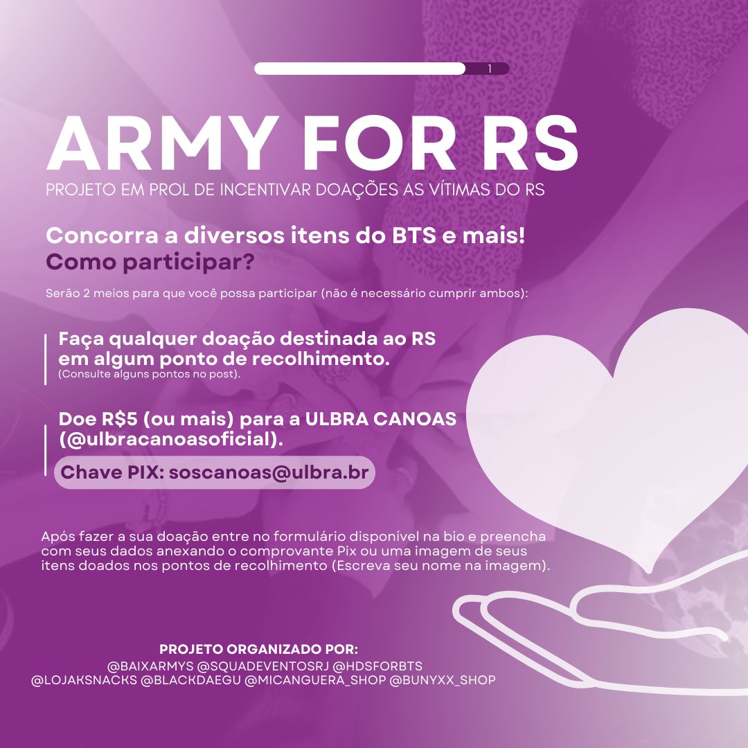 SquadEventosRJ's tweet photo. Olá, Armys! Em parceria com alguns projetos/lojas, nós decidimos trazer um sorteio beneficente com o principal objetivo de incentivar doações as vítimas da grande tragédia que ocorreu no Rio Grande do Sul, + https://t.co/fCwShRR2sy
