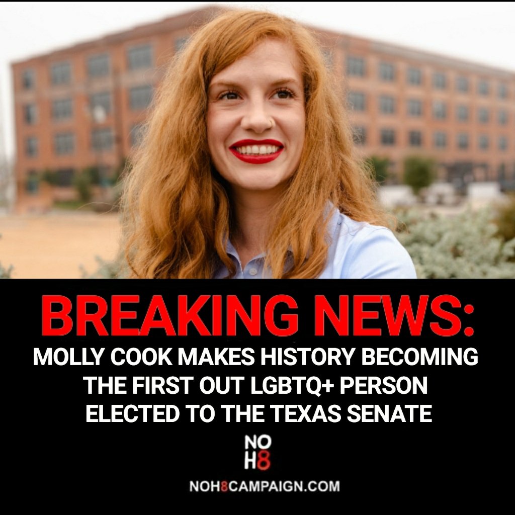 BREAKING: Molly Cook makes history becoming the first out LGBTQ+ person elected to the #Texas Senate #NOH8