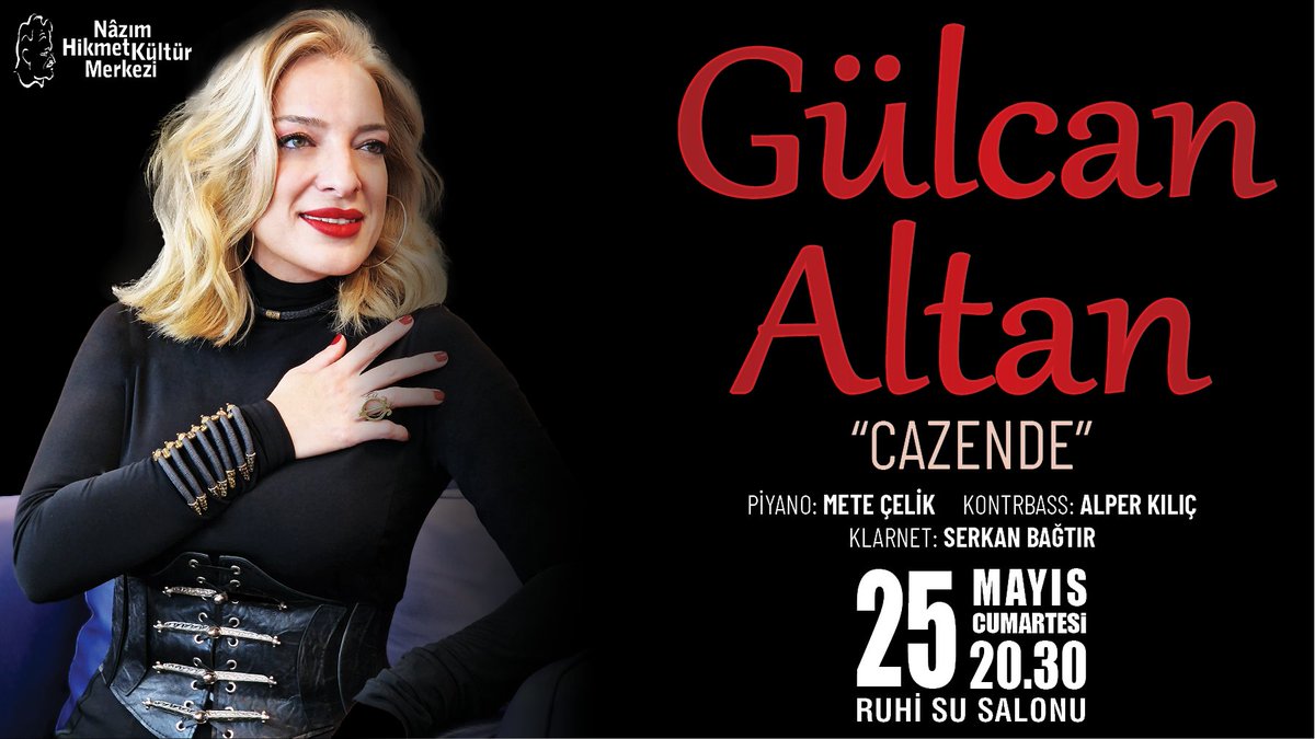Konser: Gülcan Altan 25 Mayıs Cumartesi, Ruhi Su Salonu, Saat: 20.30 ‘CAZENDE’ Pek çok dilde şarkılar söyleyen Gülcan Altan, bu konserinde müzisyen dostlarıyla caz ve Türk müziğinin tınılarının içinde bir yolculuğa çıkıyor. BİLETLER: nhkm.org.tr/etkinlikler/ko… #GulcanAltan