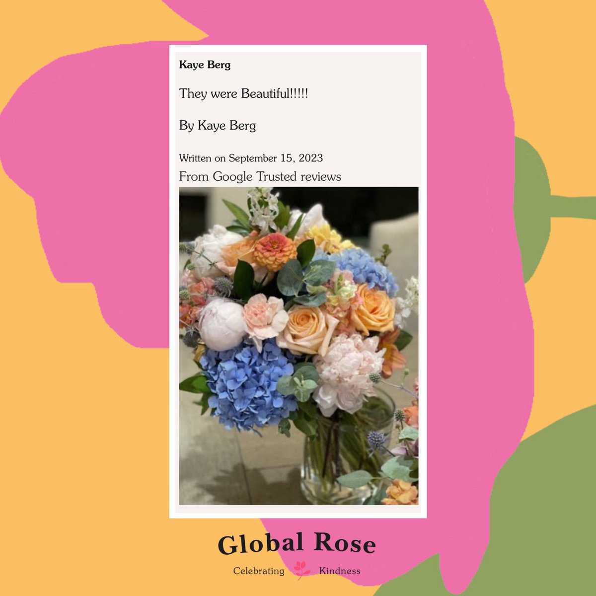 🌸Happy Customer!​ Kaye Berg ​
“They were Beautiful!!!​“
At Global Rose, we help you create the best arrangements for your events with our flowers.​
•​
#flowers #freshflowers #onlineflowers #reviwes #HappyCustomer  #globalrose
