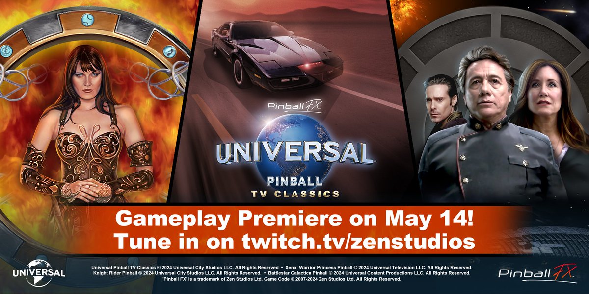 Take a first look at the Universal Pinball: TV Classics on the Zen Studios debut stream on May 14! Tune in at 8:30 am PT // 4:30 pm BST for a sneak peek at one of the most exciting packs we've ever released. #xena #bsg #knightrider