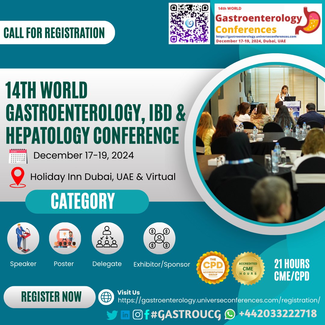 Call for Registration!!
The 14th World Gastroenterology, IBD & Hepatology Conference, from Dec 17-19, 2024 in Dubai, UAE & Virtual
wa.me/442033222718?t…
…troenterology.universeconferences.com/registration/
#InflammatoryBowelDisease #IBSTreatment #LiverTreatment #PancreasHealth #GutHealth #GIRehabilitation