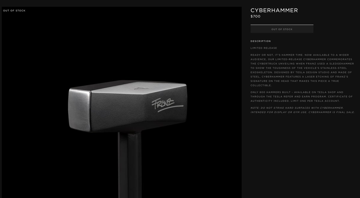 UPDATE: Tesla's Cyberhammer is officially sold out. Only 800 units were built. Tesla generated about $459,000 in revenue since yesterday selling these hammers lol.
