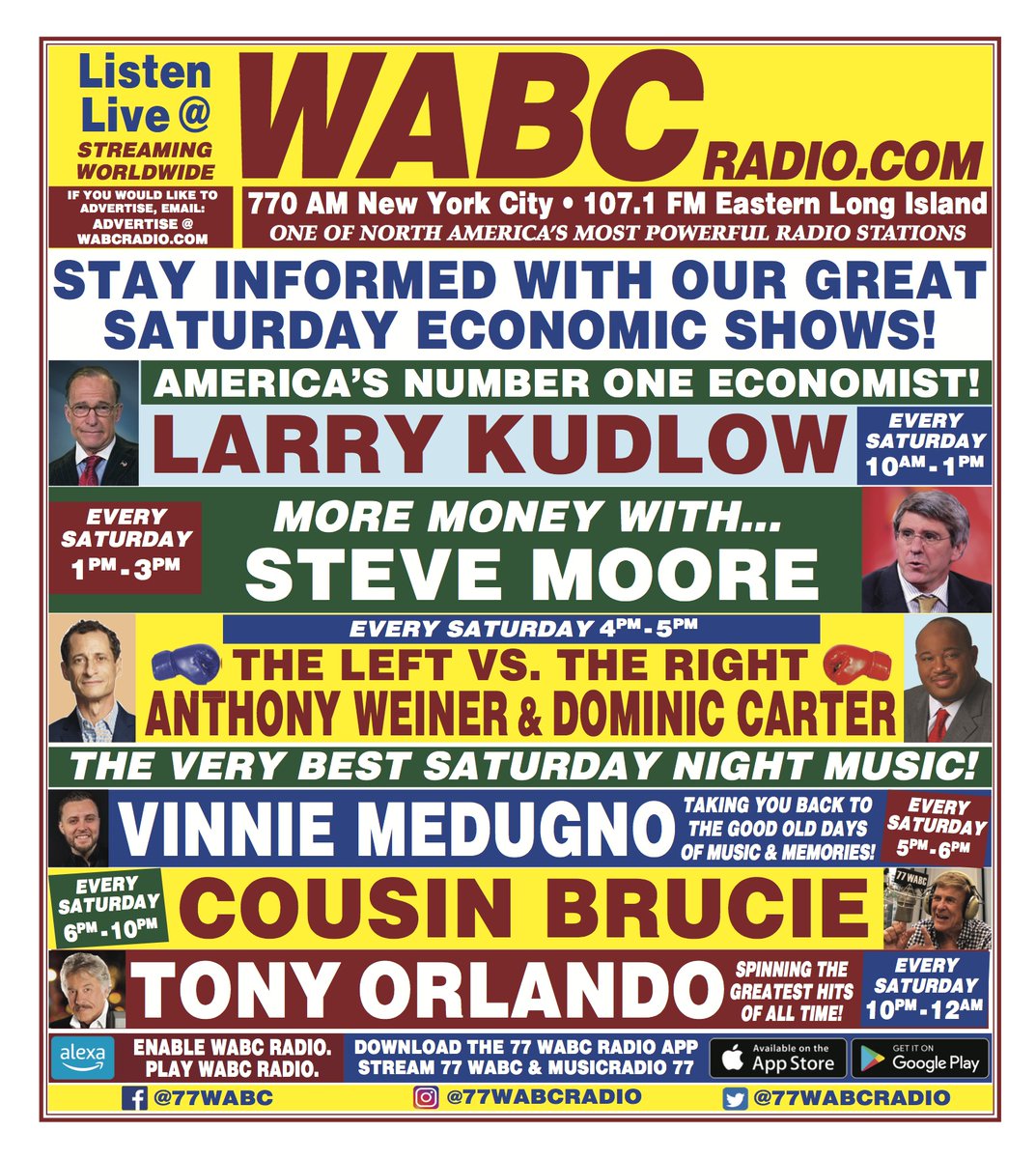 Stay informed with our great Saturday economic shows! @larry_kudlow @StephenMoore The Left Versus The Right! @repweiner vs @DominicTV Followed by the very best Saturday night music! @VinnieMedugno #CousinBrucie @TonyOrlando @musicradiowabc Listen on…