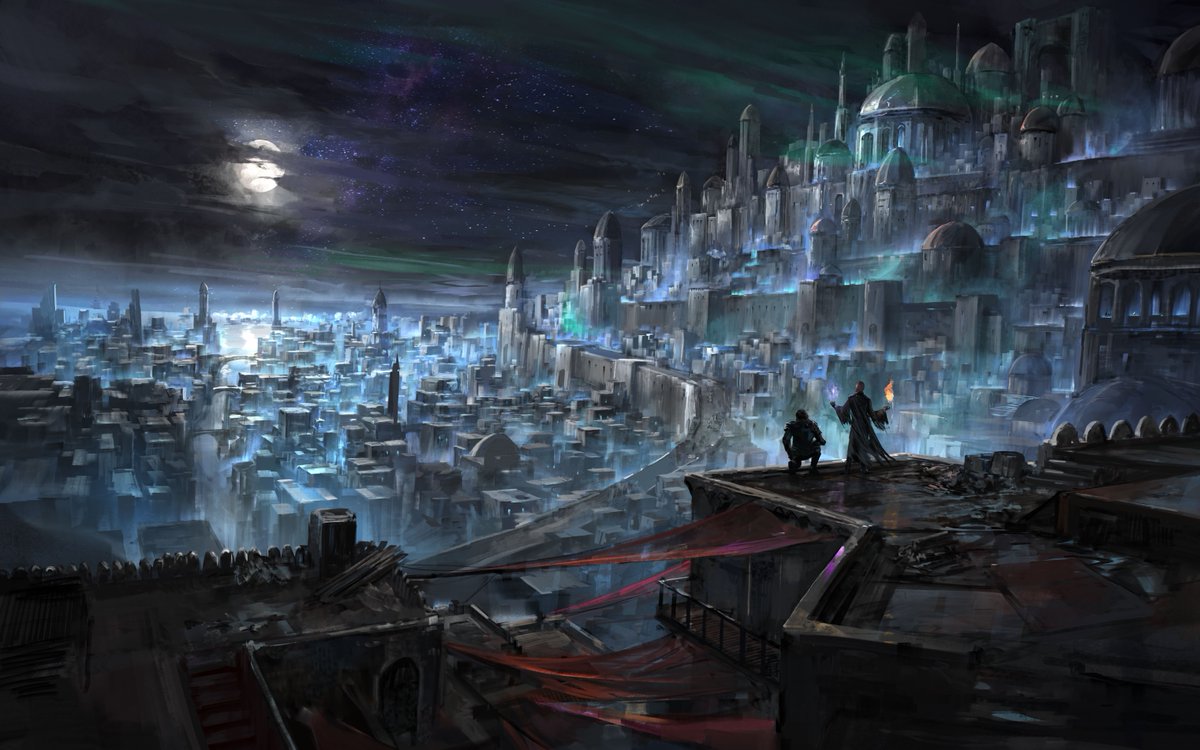 MALAZAN ART REVEAL! Here is the back endpaper art of GARDENS OF THE MOON, @binding_broken edition. The City of Blue Fire, DARUJHISTAN by @jeffbrown67! Kalam and Quick Ben preparing for something. IYKYK. Jeff is truly one of the masters at illustrating cityscapes in fantasy! 😍