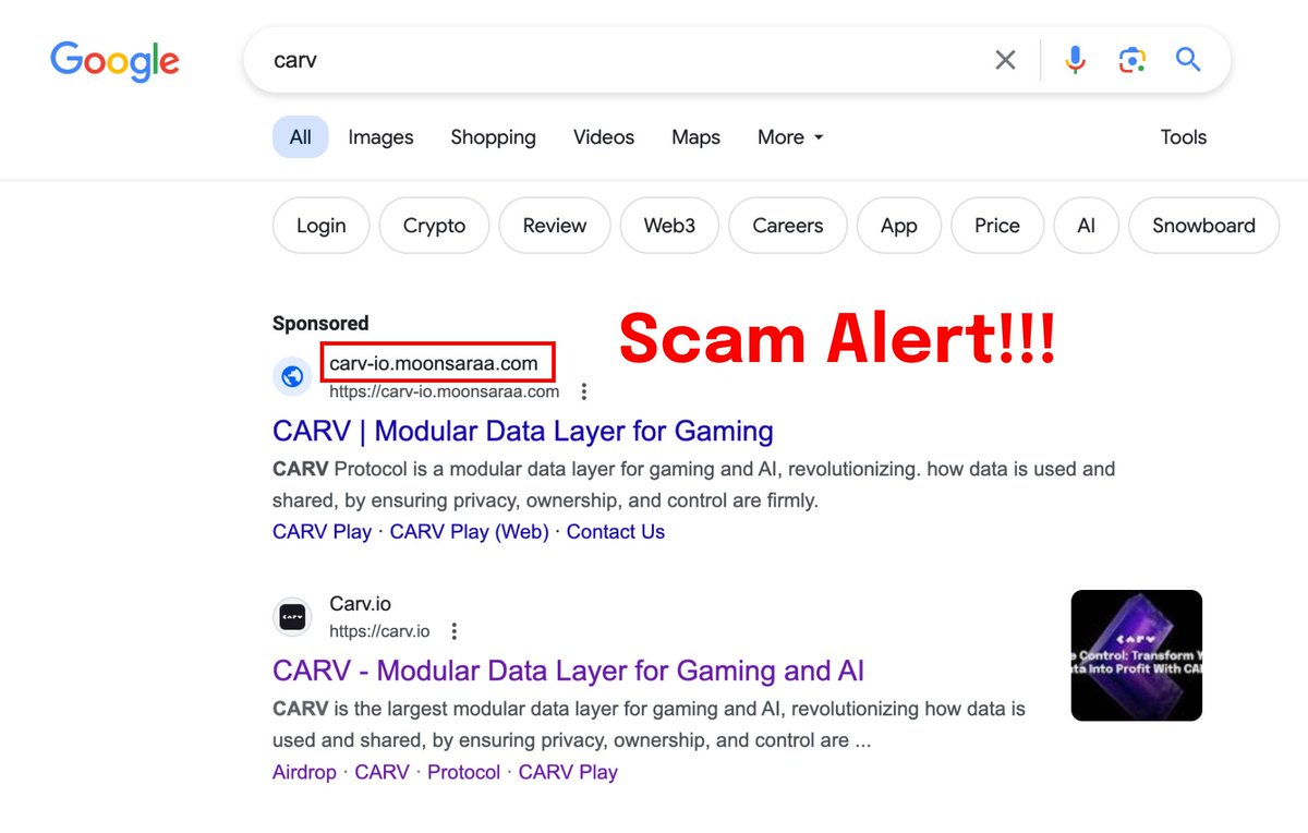 carv_official's tweet photo. Watch out when clicking any links! 🚨

Imagine losing everything in your wallet because of one careless click—that’s a degens' worst nightmare! As CARV's influence grows, so do the scammers and fake accounts lurking around. They're sneaky and make you believe they're official.

So, please, always double-check the link before clicking! Stay safe and vigilant, CARVers!