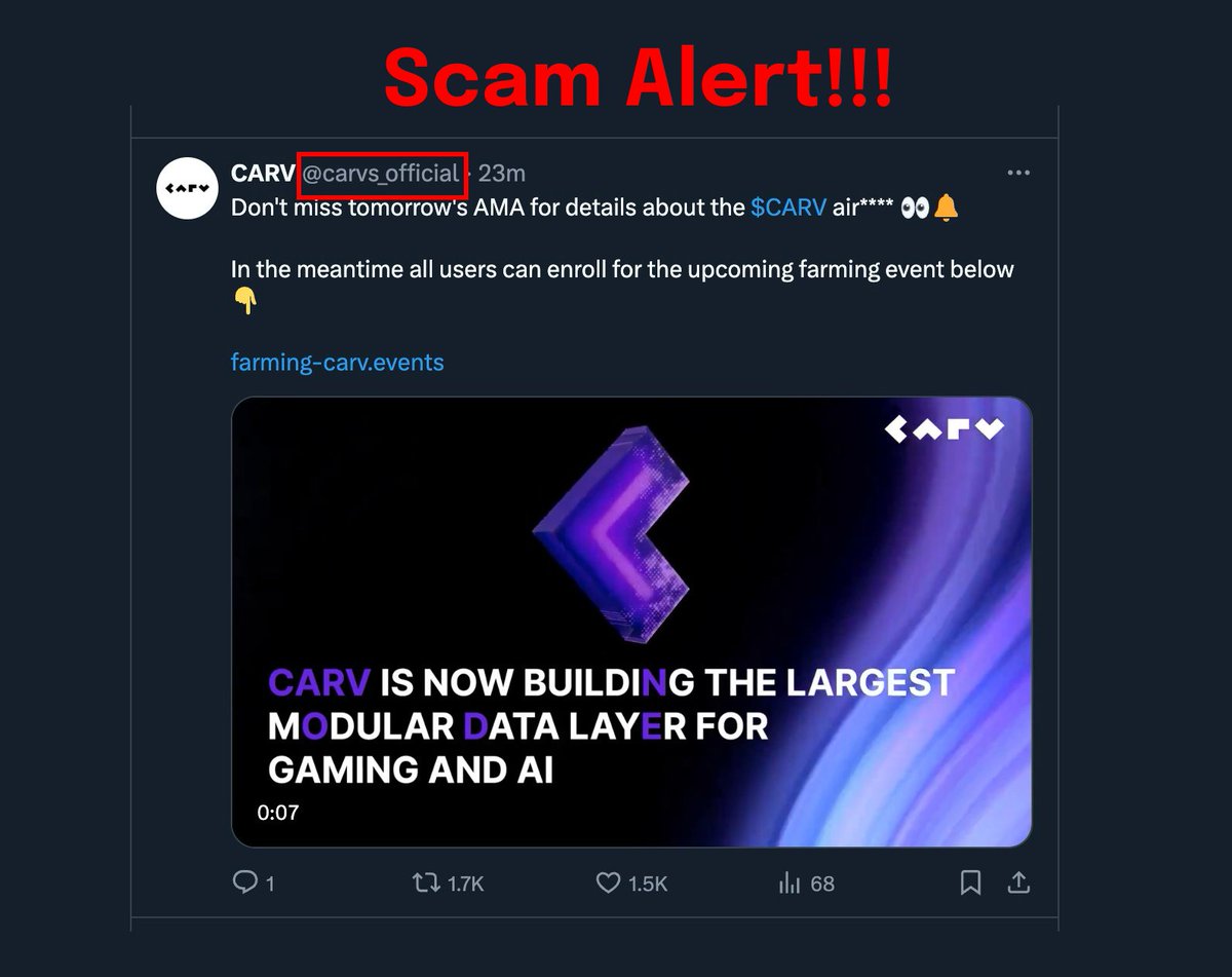 carv_official's tweet photo. Watch out when clicking any links! 🚨

Imagine losing everything in your wallet because of one careless click—that’s a degens' worst nightmare! As CARV's influence grows, so do the scammers and fake accounts lurking around. They're sneaky and make you believe they're official.

So, please, always double-check the link before clicking! Stay safe and vigilant, CARVers!