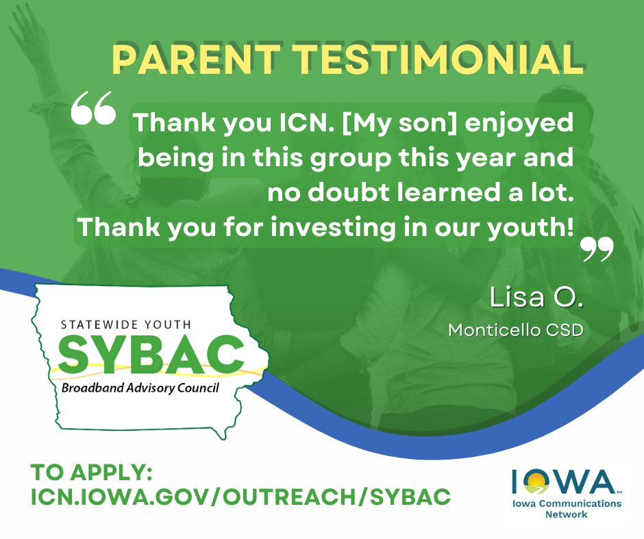Parents like Lisa love SYBAC!

Joining our council is a great chance for high school students in grades 10-12 to enhance their tech knowledge and kickstart a successful STEM career. #iaedchat @Monti_Panthers

Interested? Apply here: bit.ly/3U1LJ6Q