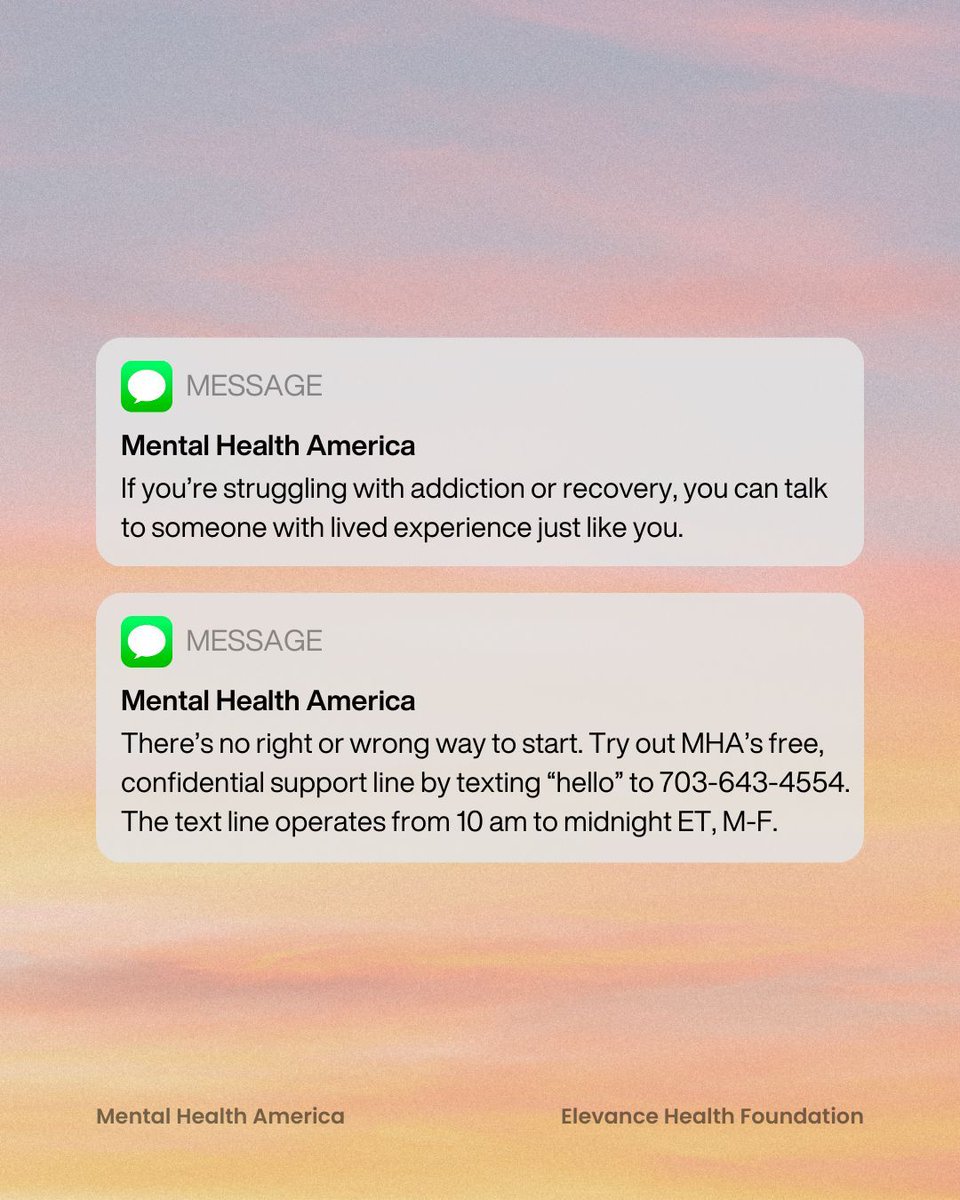 You are not alone. MHA’s addiction support specialists are here to listen non-judgmentally and confidentially. Text “hello” to 703-643-4554. Our line is FREE for U.S. residents and operates Monday to Friday from 10am to midnight ET.